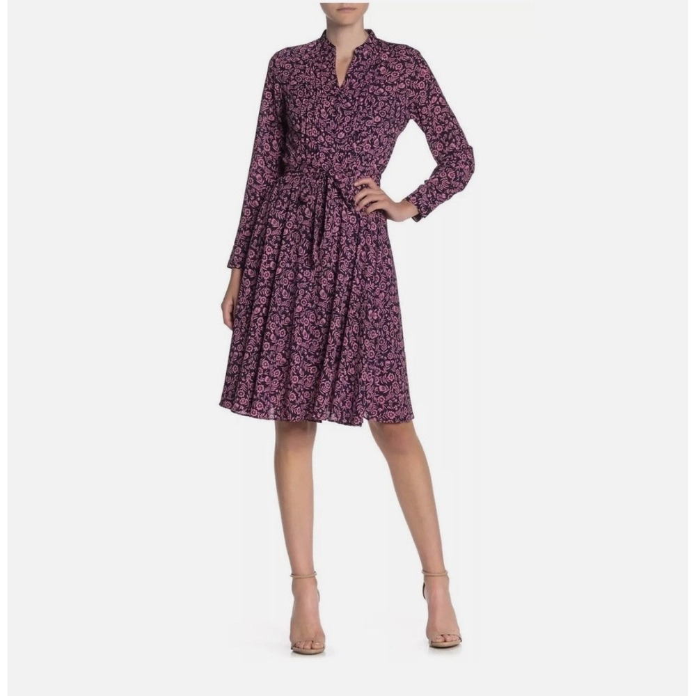 Nanette Lepore Floral Print Button Front Midi Dress Navy/Pink 14 Casual Flowy